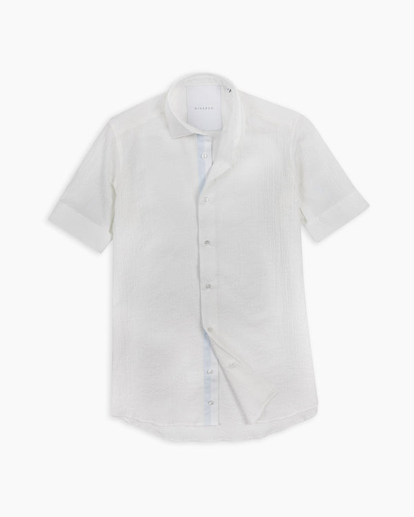 White Crushed Seersucker Twin-Trim Short Sleeve Shirt