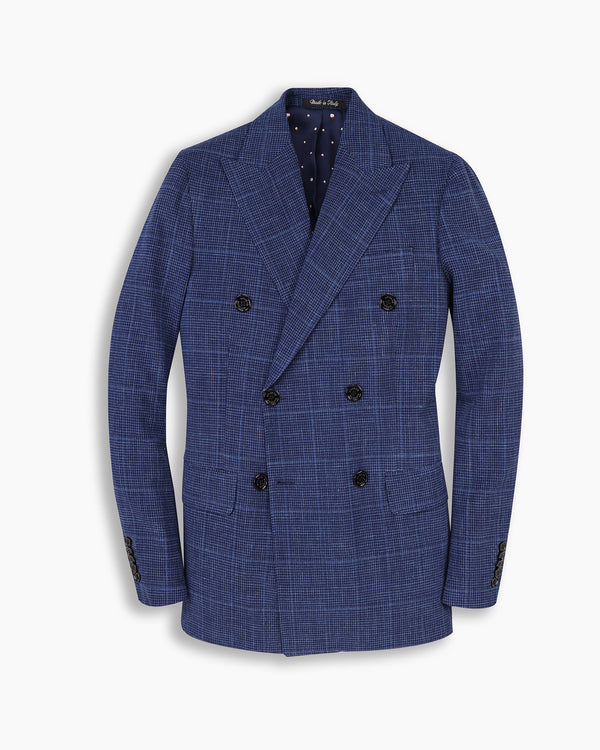 Blue Window-Pane Wool/Silk/Linen Double Breasted Blazer