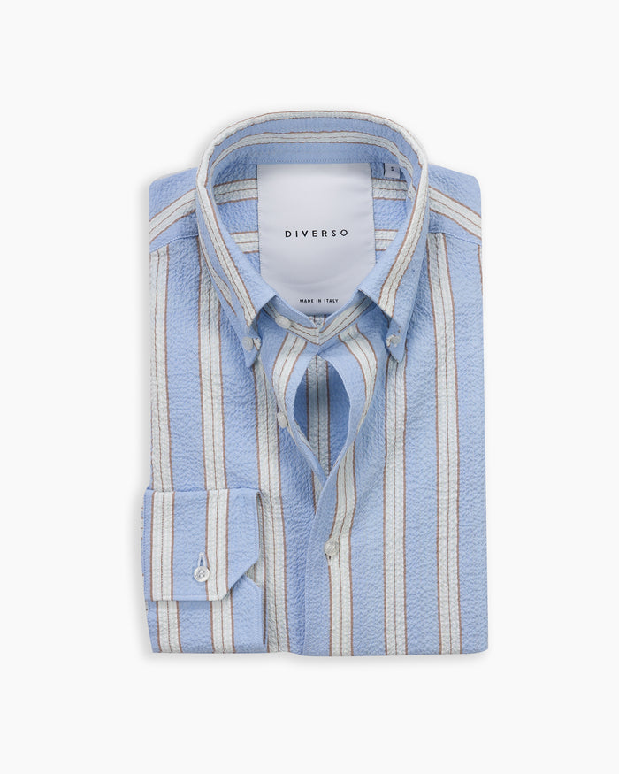 Blue Stripe Crushed Seersucker Button Down Shirt