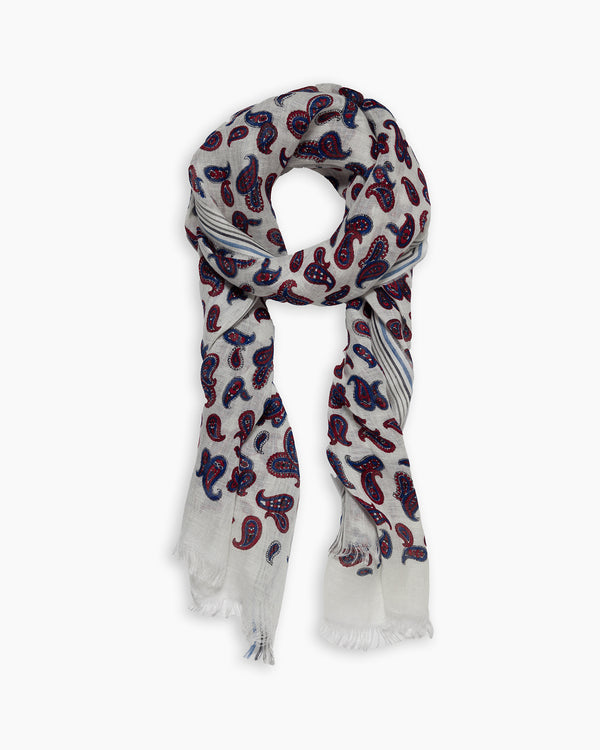 White Paisley Print Linen Scarf