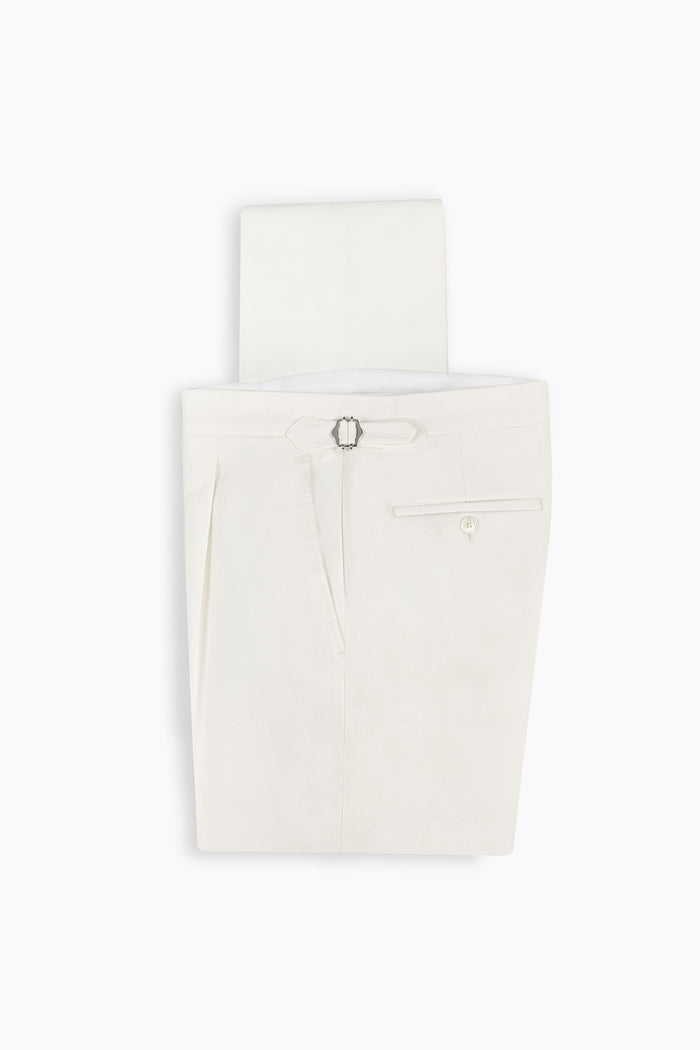 Off White Cotton Stretch Pleated Pant