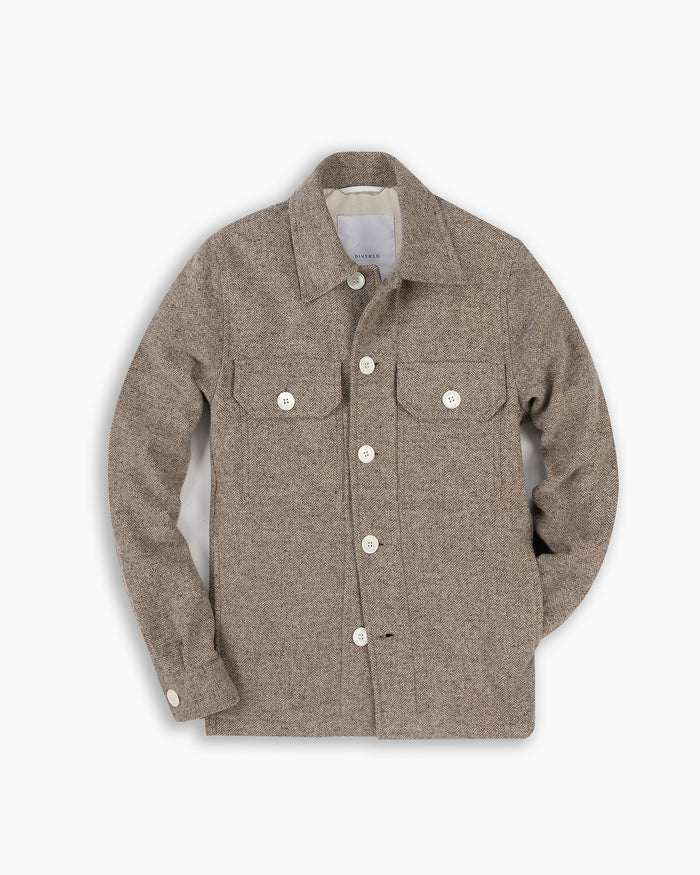 Ecru Herringbone Wool Overshirt