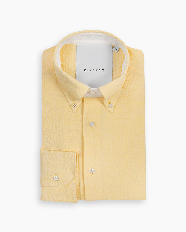 Pale Yellow Crushed Seersucker Button Down Shirt