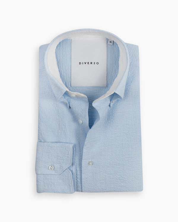 Pale Blue Crushed Seersucker Button Down Shirt