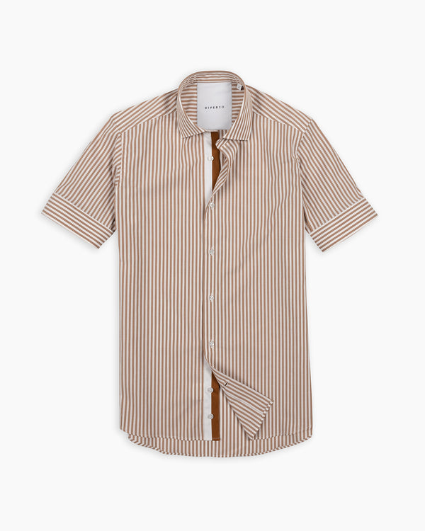 Tan Stripe Twin-Trim Short Sleeve Shirt
