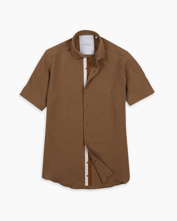 Tan Crushed Seersucker Twin-Trim Short Sleeve Shirt