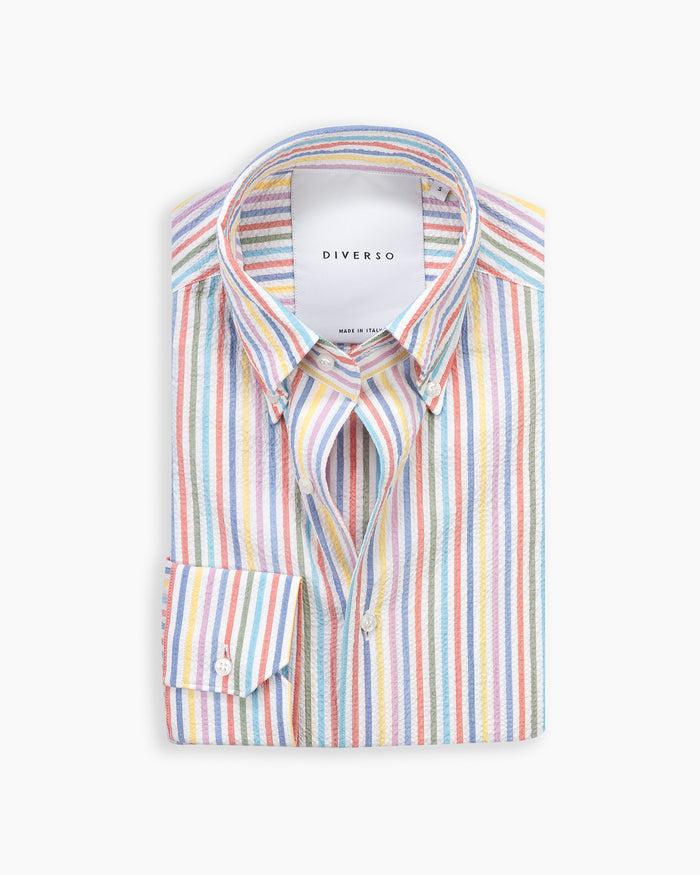 Multi Stripe Crushed Seersucker Button Down Shirt