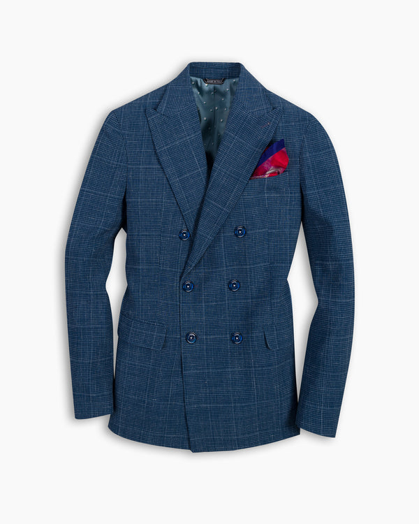 Teal Window-Pane Wool/Silk/Linen Double Breasted Blazer