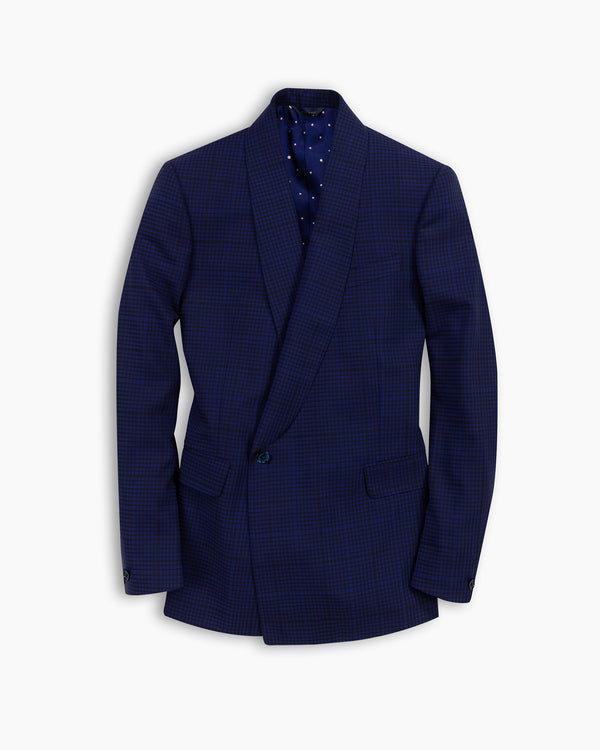 Blue Check Double Breasted Shawl Blazer