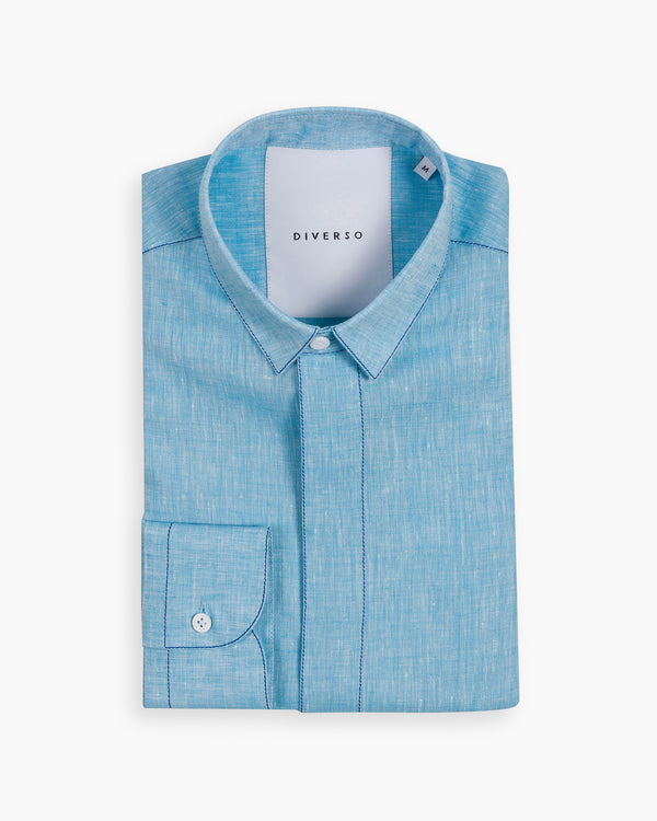 Turquoise Silk-Stitch Linen Shirt