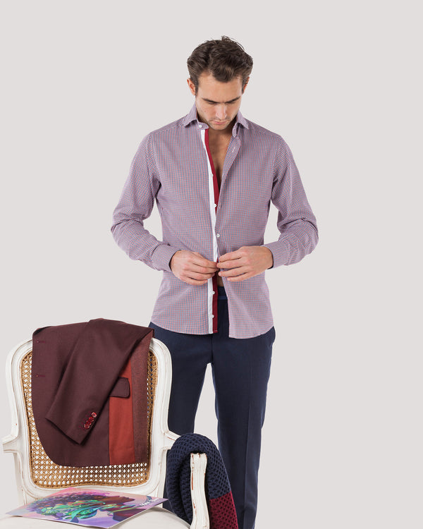 Navy & Red Dogtooth Twin Trim Shirt