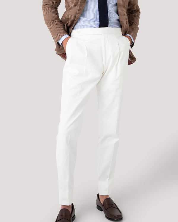 Off White Cotton Stretch Pleated Pant