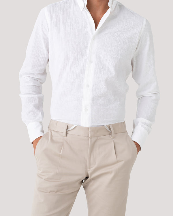 White Crushed Seersucker Button Down Shirt