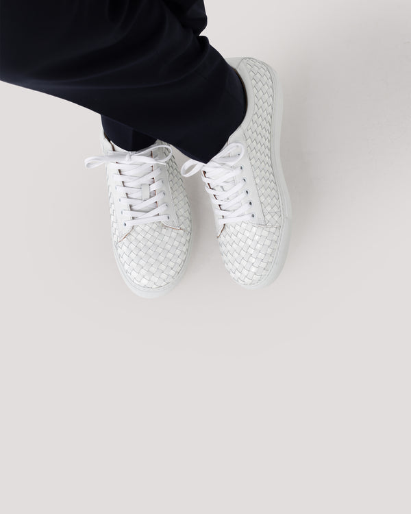 White Hand Woven Low-Top Sneakers