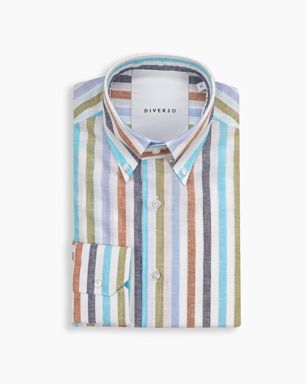 Multi Stripe Cotton-Linen Button Down Shirt