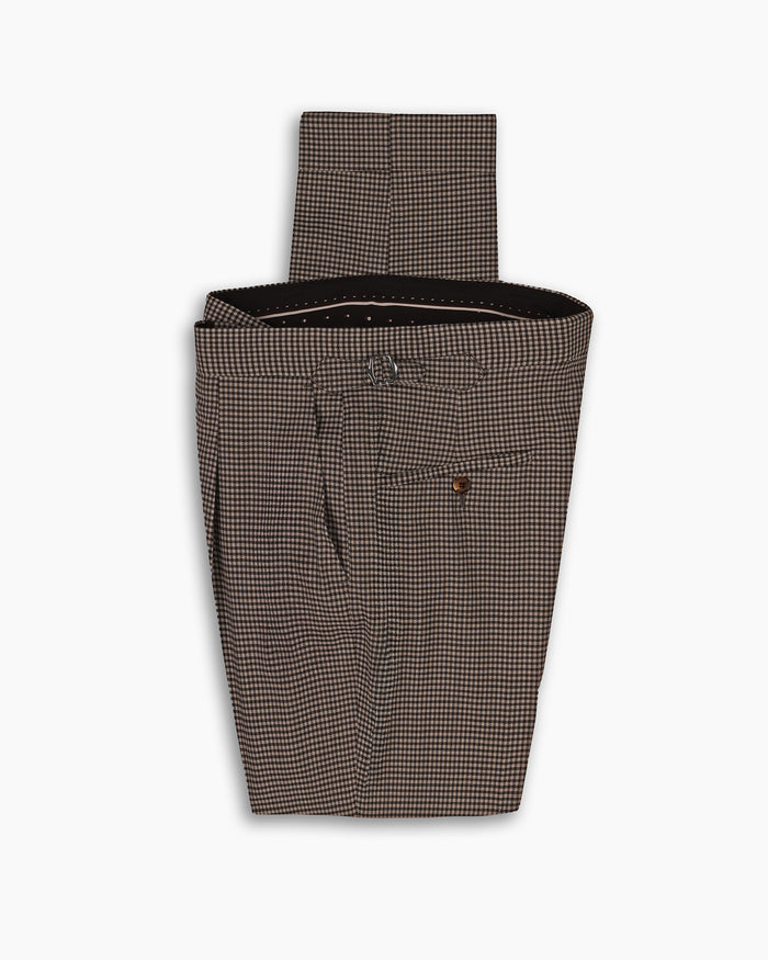 Tan Check Wool Pleated Pant