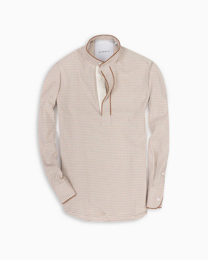 Tan Stripes Seersucker Contrast Popover Shirt