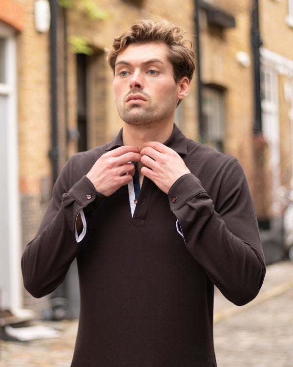 Dark Brown Twin-Trim Long Sleeve Polo