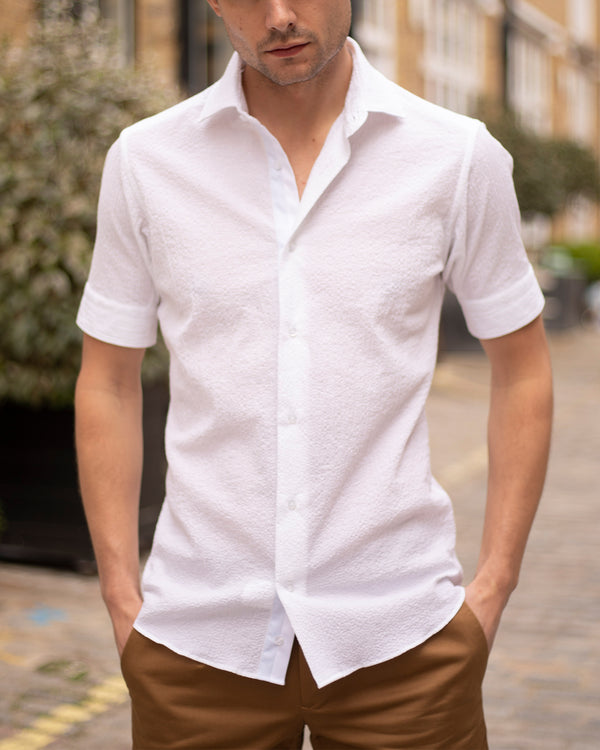 White Crushed Seersucker Twin-Trim Short Sleeve Shirt