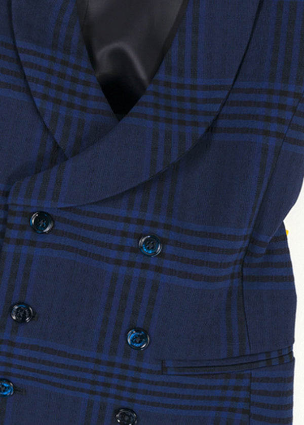 Navy Check Wool Double Breasted Waistcoat