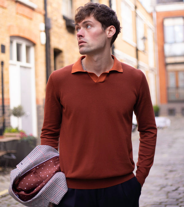 Rust Contrast Knitted LS Polo