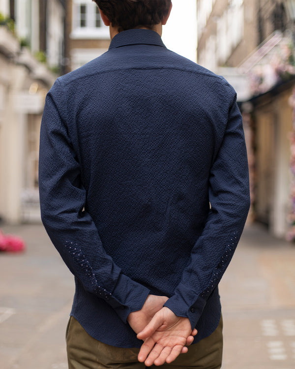 Navy Crushed Seersucker Button Down Shirt