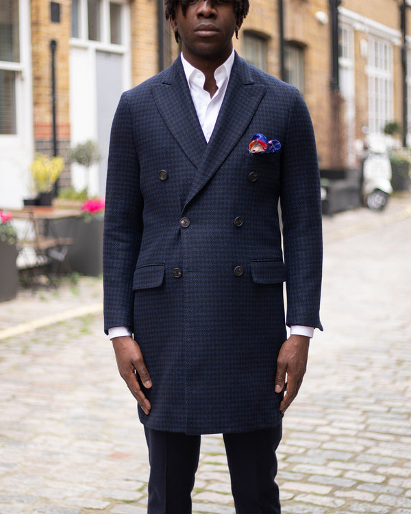 Navy & Black Houndstooth Wool Double Breasted Coat