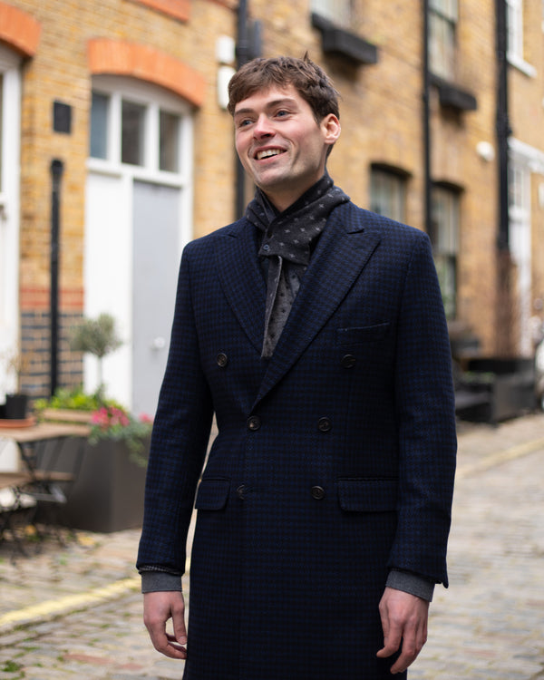 Navy & Black Houndstooth Wool Double Breasted Coat