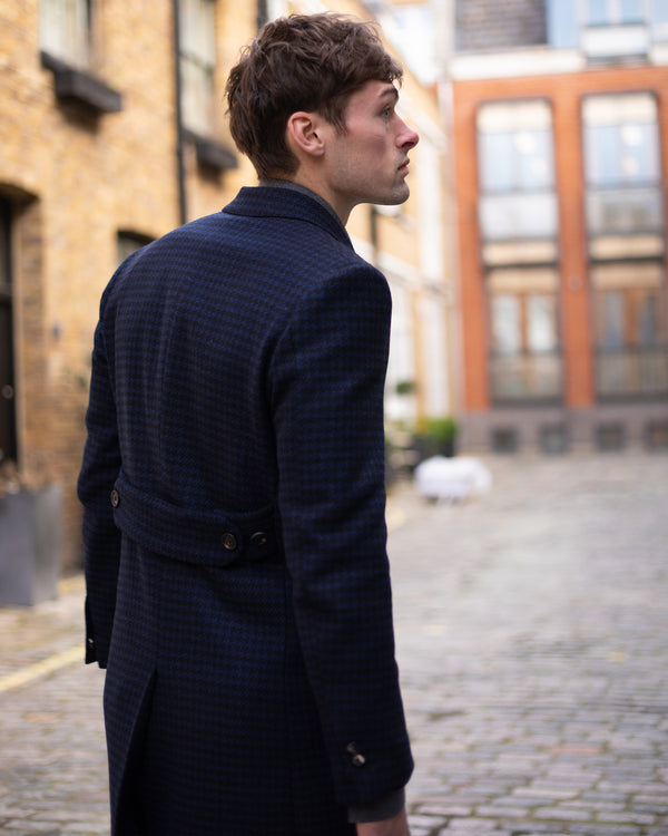 Navy & Black Houndstooth Wool Double Breasted Coat