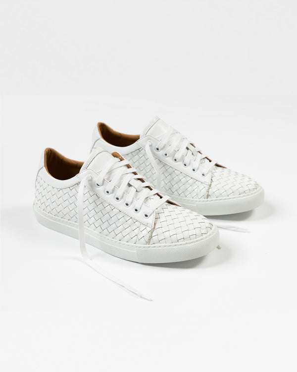 White Hand Woven Low-Top Sneakers